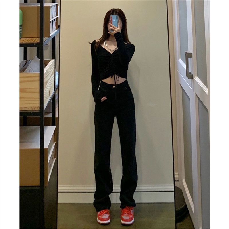 Black narrow straight jeans women's high waist slim fit stretch slimming high all-match lengthened smoke tube pile pants