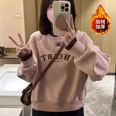 假两件刺绣圆领加绒卫衣女秋冬新款爆款宽松高领洋气减龄短款上衣