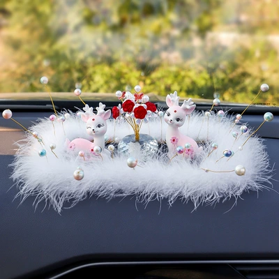 diamond deer starry feather pad – Car ornaments - colorful-starry-pearl-feather-pad-diamond-couple-deer-pink-colorful-red-rose-starry-sky