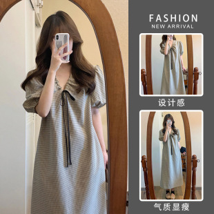Summer Dress Pregnant Women dress French High-end Sense Slim Long Dress Design Sense Plaid Bubble Sleeve Summer Pregnancy Dress