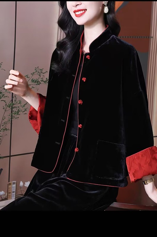 新中式时尚挽袖真丝丝绒外套女秋季新款两面穿桑蚕丝上衣高端品牌|undefined