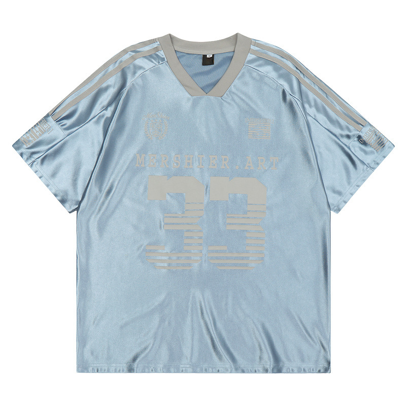 Smooth feel American retro V-neck stitching 33 letters short sleeve T-shirt summer leisure sports football style Smooth feel American retro V-neck stitching 33 letters short sleeve T-shirt summer leisure sports football style