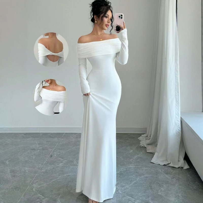 2026 Autumn/Winter Foreign Trade European and American Women's Fashion Cross-back Sexy Off-shoulder Long-sleeve Dress Elegant Evening Gown for Women 2026 Autumn/Winter Foreign Trade European and American Women's Fashion Cross-back Sexy Off-shoulder Long-sleeve Dress Elegant Evening Gown for Women