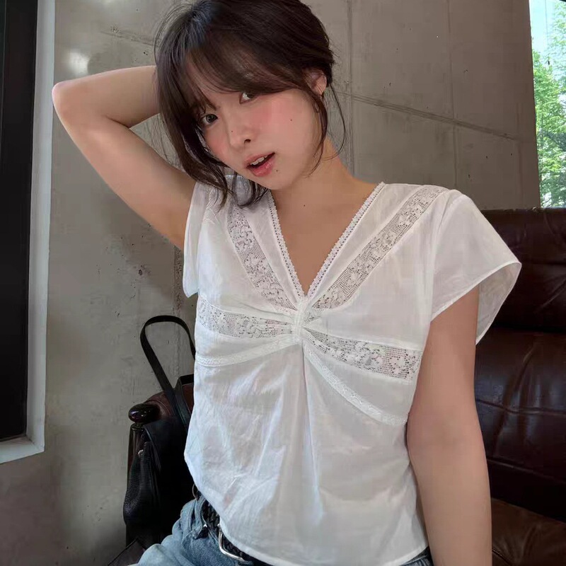In Stock Korean-Style Lace Patchwork V-Neck Short-Sleeve Shirt Dongdaemun Summer New Sweet Lace-Up Top for Women