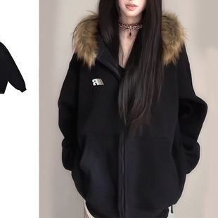 Winter Coat Women's fleece-lined Thickened Fur Collar Hooded Cardigan Sweater Korean Style All-match Warm Cotton-padded Jacket