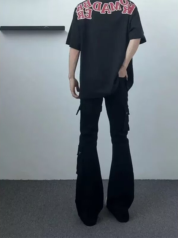 美式高街黑色绑带微喇牛仔裤男秋季新款设计感修身显瘦痞帅休闲裤|undefined