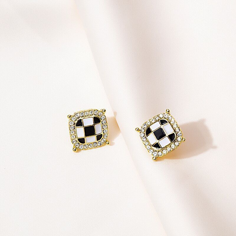 S925銀針方形棋盤格耳釘小巧高級感氣質簡約新款潮秋冬季耳飾女