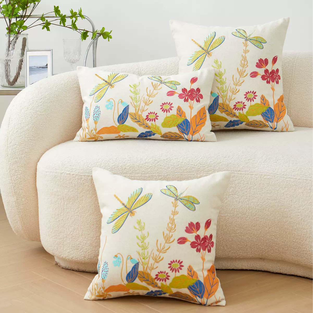 批发自然蜻蜓花朵刺绣抱枕套田园风单面沙发靠背靠垫家居不含枕芯