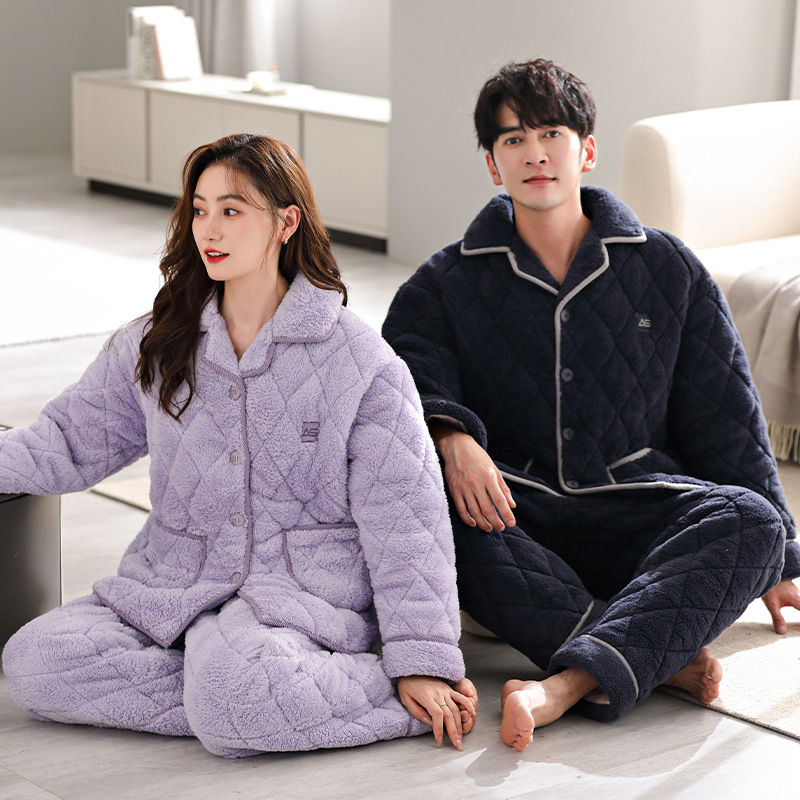 커플 퀼트 파자마 여성의 겨울 산호 양털 따뜻한 겨울 3 층 두꺼운 코튼 패딩 재킷 남자 기모 홈 옷