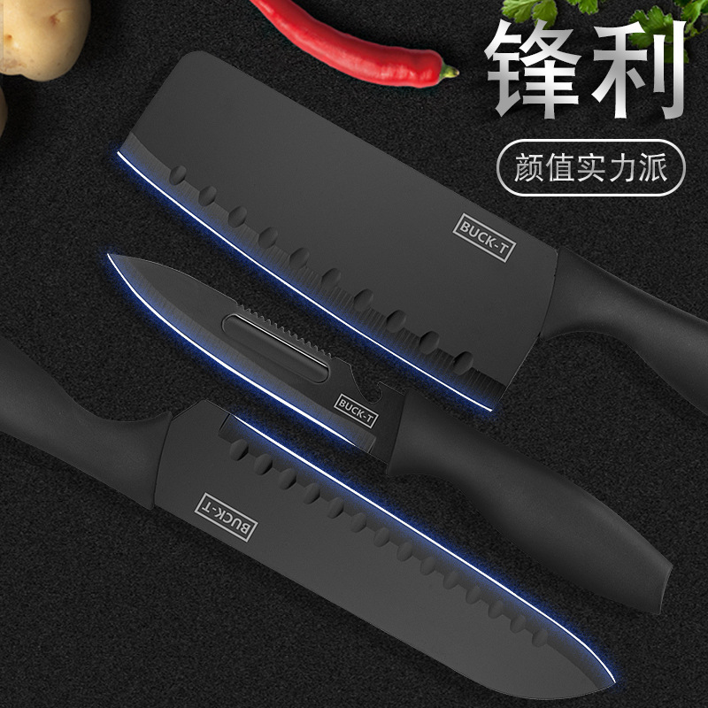 Juego de cuchillos de acero inoxidable para el hogar Juego de siete piezas Cuchillo de frutas de cocina de acero negro Cuchillo de cocina Juego de cuchillos Soporte para cuchillos de plástico Tablero de cortar