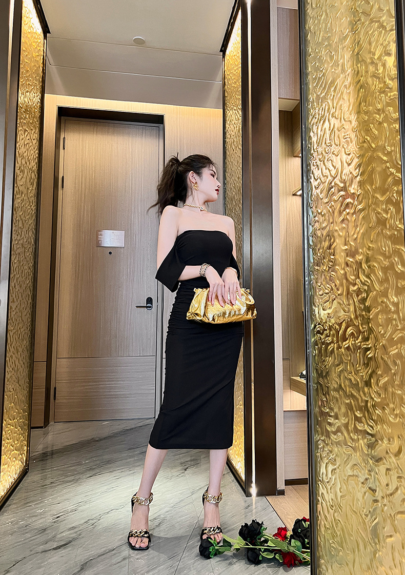 Đầm ôm body nữ trễ vai cổ một đường, phong cách hot girl mùa hè — Màu đen chi tiết 26