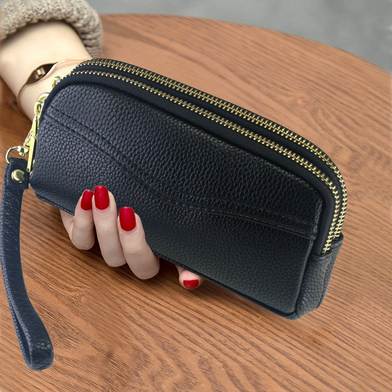 Low price wholesale ladies double layer clutch bag texture soft price discount double zipper mobile phone bag wrist bag small bag