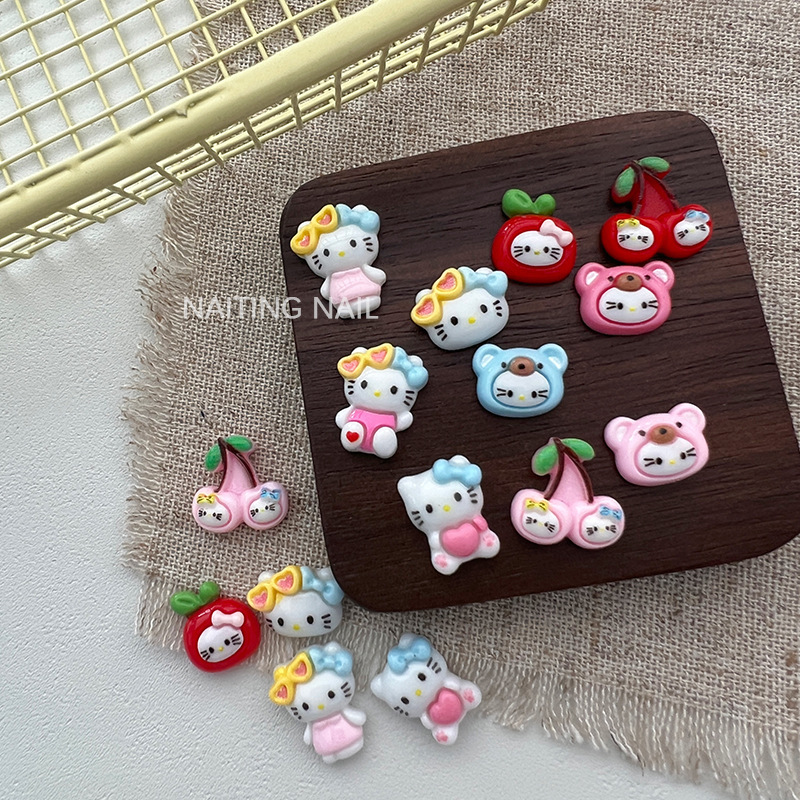 Knock Cute Apple Head Kitty Sunshine Beach Stereo Cartoon Cherry Dopamine Resin Nail Decoration