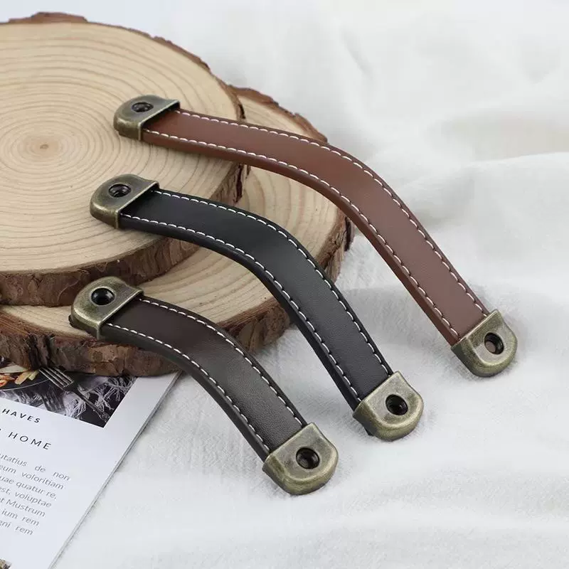 木箱礼盒皮革提手北欧棕色皮拉手复古典柜门抽屉明装皮质