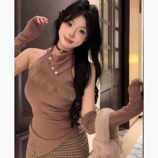 2024 Women's Clothing Spring Korean Style New Arrival Waste Earth Style Sexy Sleeve T-Shirt Women's Irregular Hem Hot Girl Top