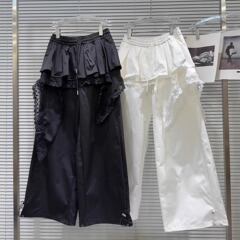 2025夏季新款气质蕾丝飘带裙摆边假两件宽松阔腿休闲裤女