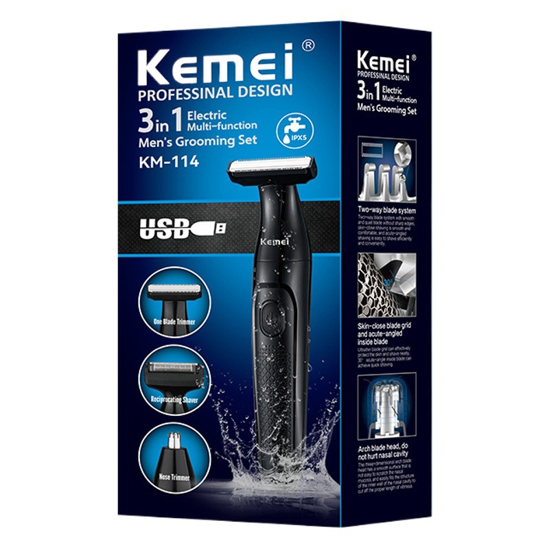 Afeitadora eléctrica Kemei KM-114, afeitadora para todo el cuerpo, recortadora de vello de nariz, afeitadora impermeable tres en uno para el cuidado masculino