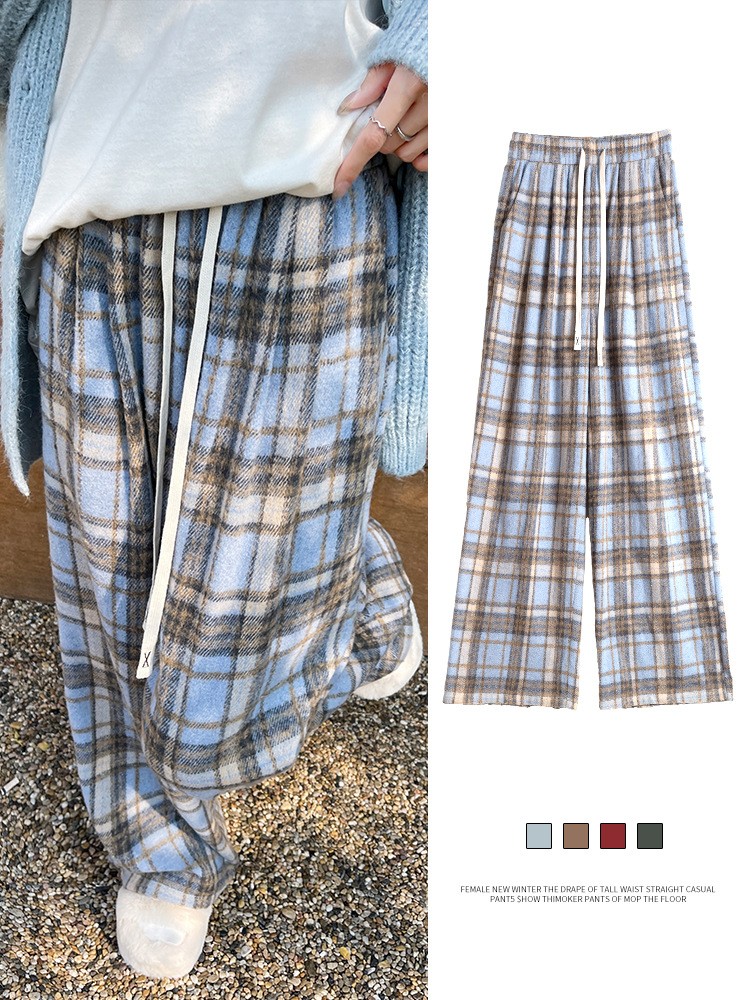 Pantalones a placas de primavera y otoño delgados 2026 nuevo estilo vertical recto casual pequeño retro lana pantalones de piernas anchas