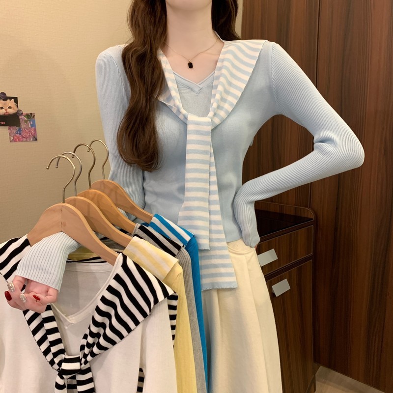 韩系海军领披肩针织打底衫女秋季设计感小众chic别致内搭短款上衣|undefined