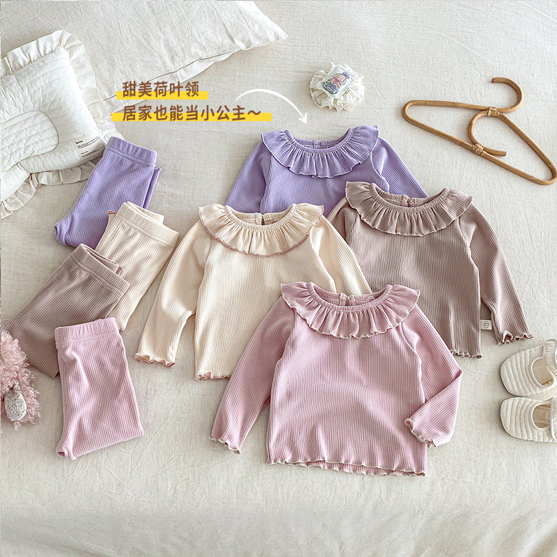 [Ninguna devolución no cambio] ropa de hogar de color sólido para niños pequeña izquierda pequeña derecha invierno conjunto de niñas collar de hoja de loto dos piezas de moda