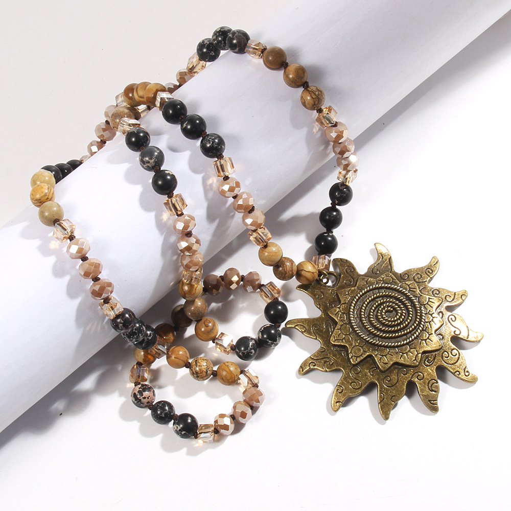 Natural Stone Chain Material Bohemian Sun Natural Stone Beaded Chain Pendant Necklace In Bulk