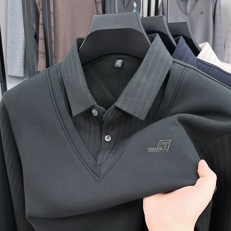 Мужской зимний свитер 2025 года с флисовой подкладкой, утепленный, имитация двухслойности, теплый трикотаж, одежда для мужчин среднего возраста, базовый слой для папы.