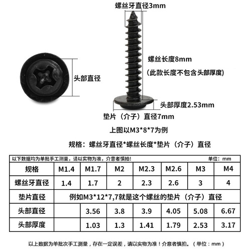 PWA iron black cross round head screw with gasket Self-tapping screw with meson electronic small screw M2.3-M4