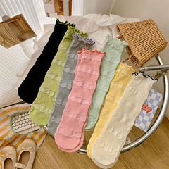 Women's Japanese-style girly sweet lace-up puffy socks—spring/summer thin design with diamond-patterned embossed detailing, versatile jk style with ruffled edges