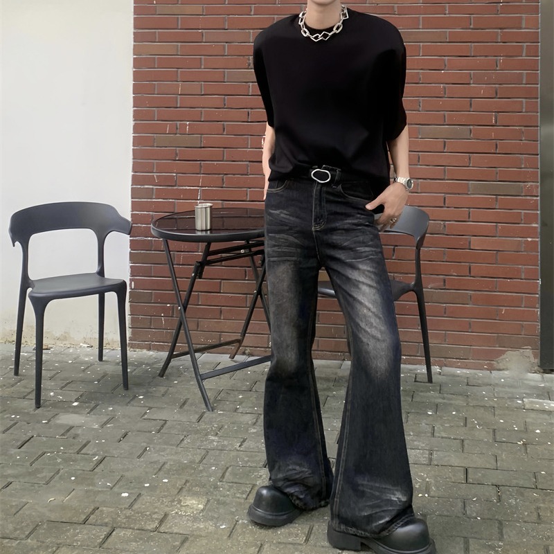 American retro gradiente lavado skinny jeans moda de los hombres de moda tie-teñido cintura alta suelta pierna ancha pantalones largos de moda