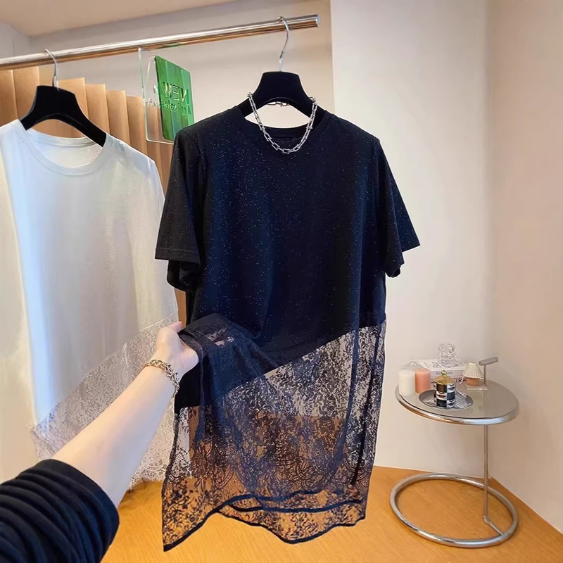 1. Niche Style Mesh Lace Patchwork Shirt for Women, Plus Size, Short-Sleeved, Summer, Mid-Length, Loose Fit, Outerwear Top, Regular Style