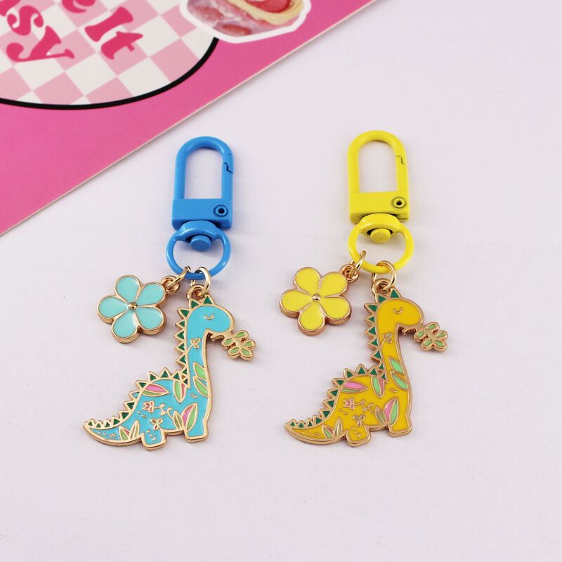 Cartoon Creative Niche Cute Dinosaur Keychain Flower Metal Dripping Oil Colorful Buckle Pendant Bag Accessories Trendy Products