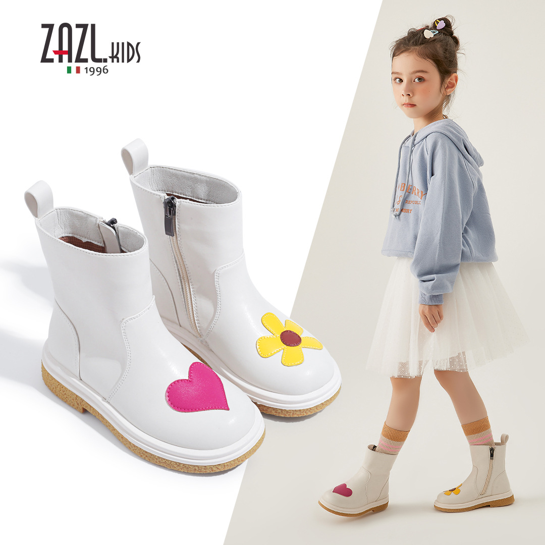 Girls' Ab Style Martin Boots, Children's Fashionable Cute Non-Slip Low-Cut Leather Cotton Boots, Student Plush Warm Stylish Boots