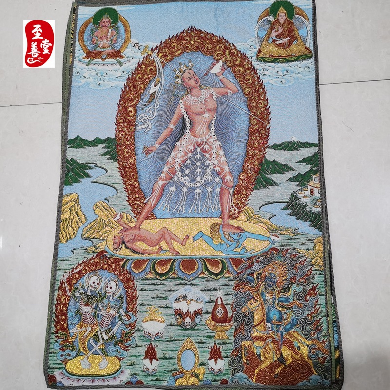 红色怀旧收藏网红货源刺绣织锦画唐卡客厅装饰画卡雀佛母