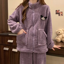 3393X#冬季睡衣女玫瑰绒加厚拉链高领可爱运动可外穿家居服 260克