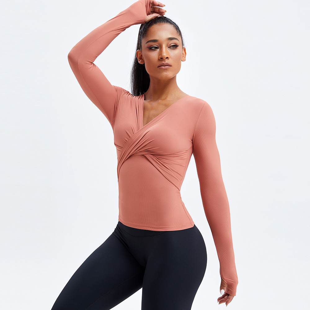 Ropa de yoga europea y americana fitness hilo Cruz plisado deportes superior transpirable correr manga larga superposición con cuello en V fitness ropa