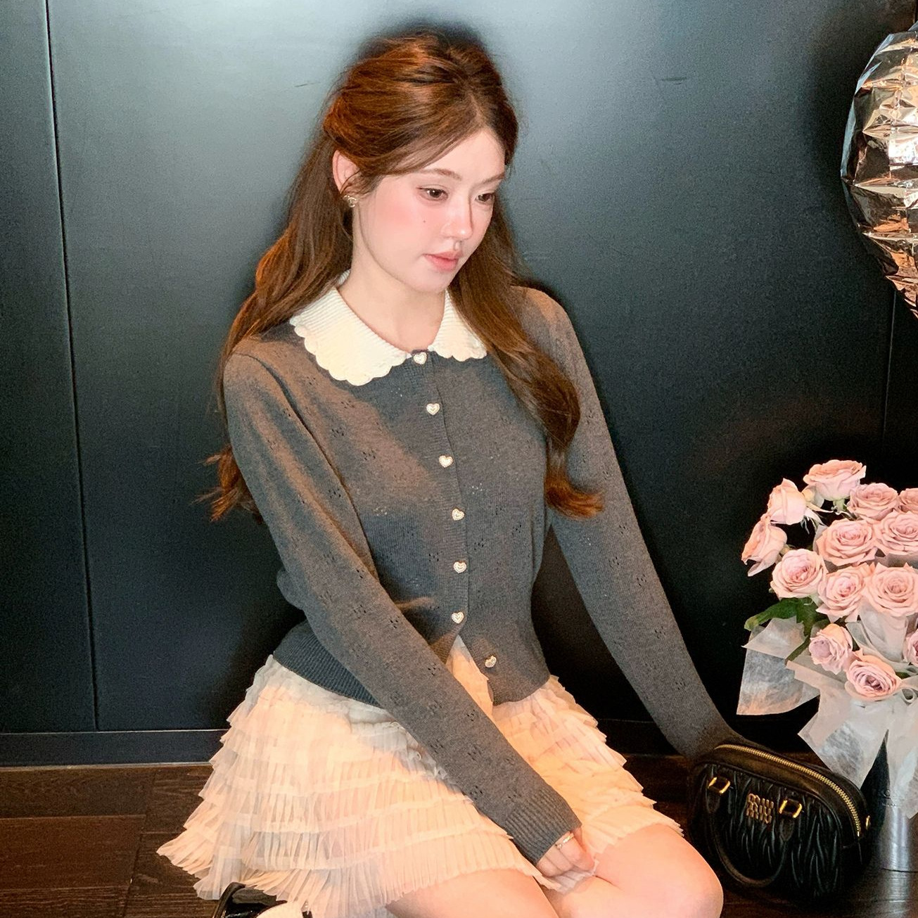 Autumn and Winter Korean Sweet Age-Reducing Preppy Style Doll Collar Knitted Cardigan Top Petite Short Sweater Jacket for Women