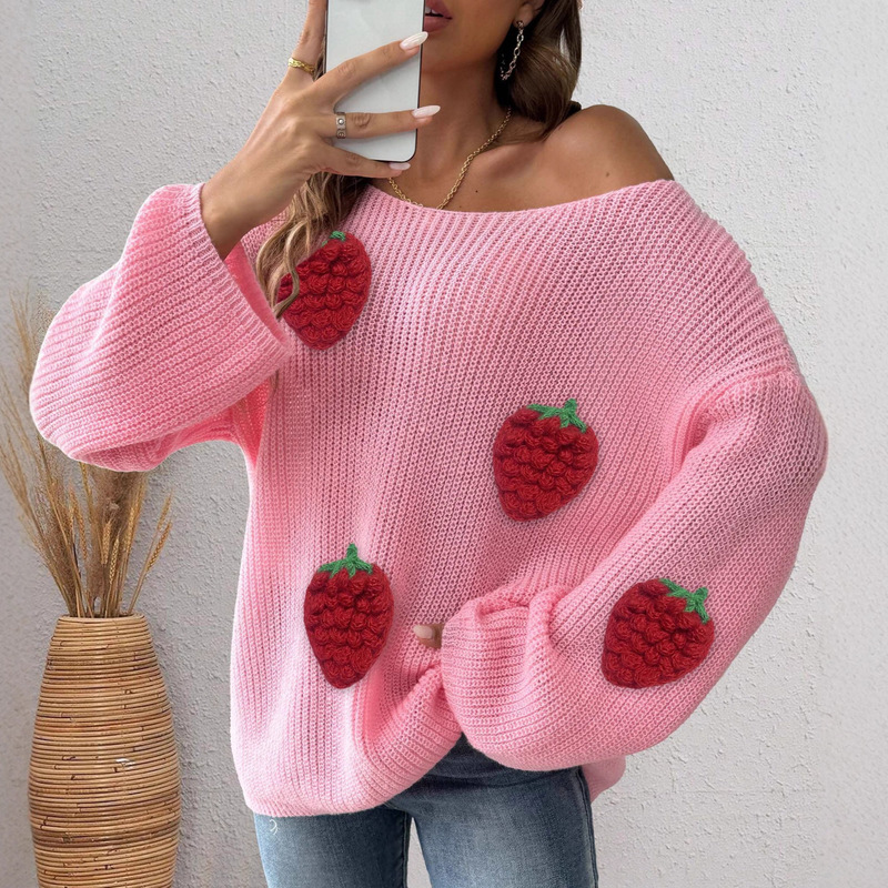 Women's Pullover Sweater Cross-Border European and American Clothing Strawberry Three-Dimensional Splicing Loose One-Line Collar Off-Shoulder Bell Sleeve Sweater Women's Pullover Sweater Cross-Border European and American Clothing Strawberry Three-Dimensional Splicing Loose One-Line Collar Off-Shoulder Bell Sleeve Sweater