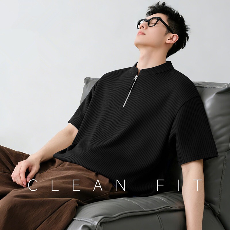 Half-zip waffle short-sleeve t-shirt for men, 2026 summer trendy v-neck base shirt, casual plus-size half-sleeve tee