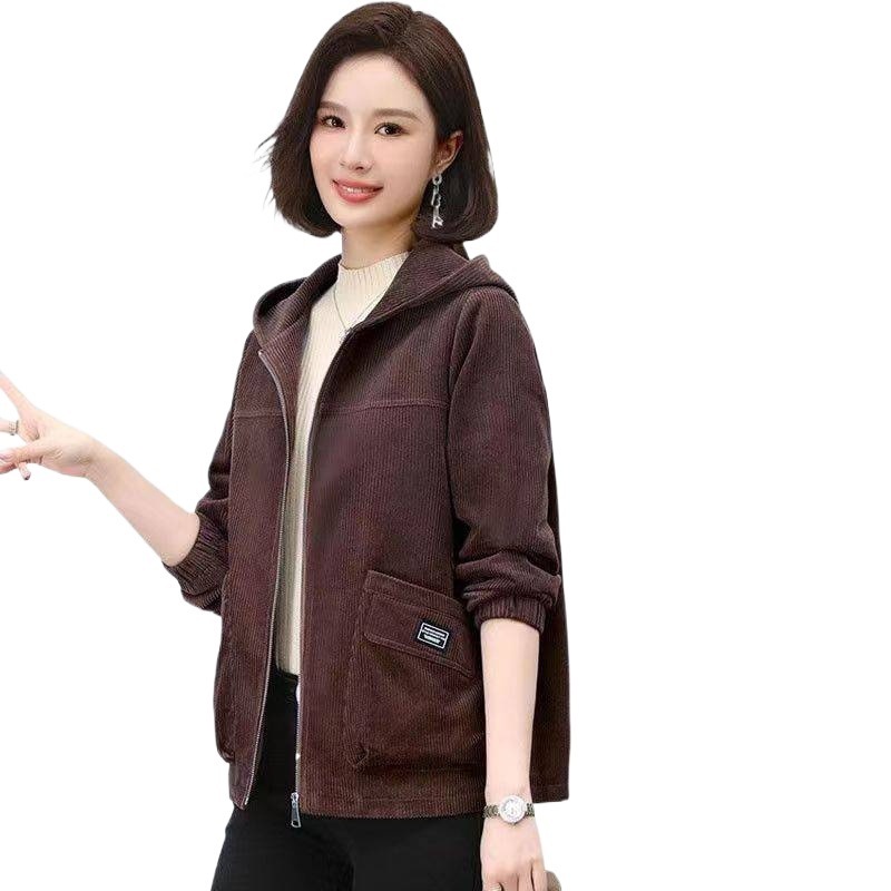 妈妈装灯芯绒外套女2025秋冬保暖新款加绒开衫连帽休闲上衣女加厚|undefined