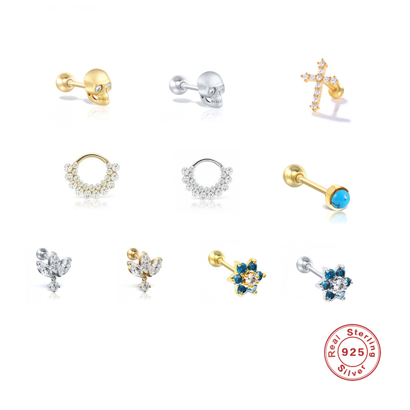 Nueva s925 plata esterlina moda europea y americana personalizada espiral de la manera perforada Cruz diamante giro tornillo pendientes