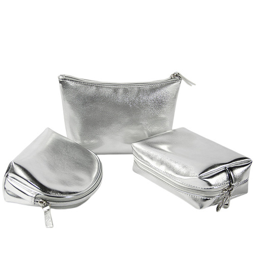 Korean silver soft leather high-end cosmetic bag three-piece set with texture, waterproof, portable small items, makeup storage bag