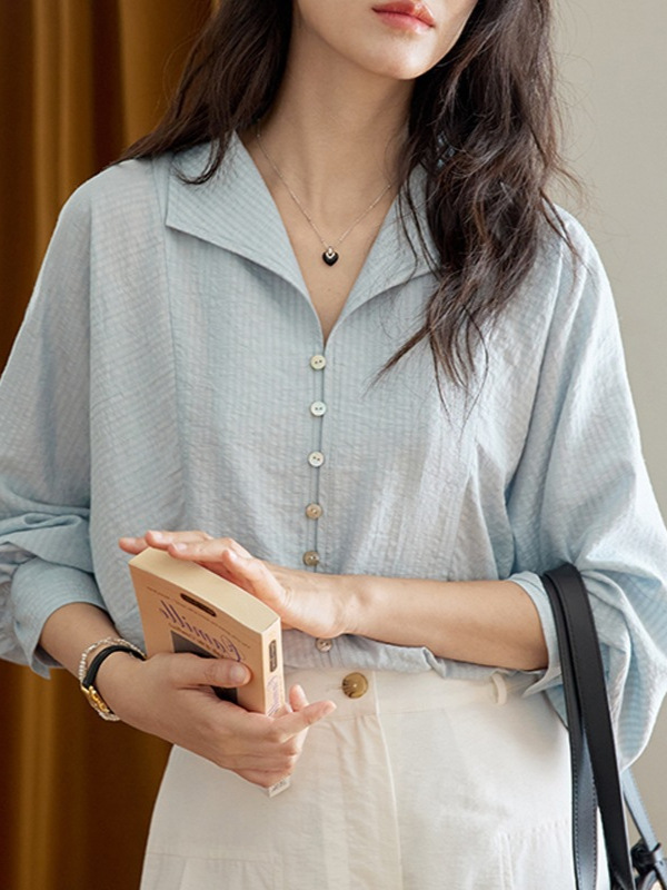 Morirse 蓝绿条纹翻领排扣长袖衬衫女秋季法式复古气质通勤上衣|undefined