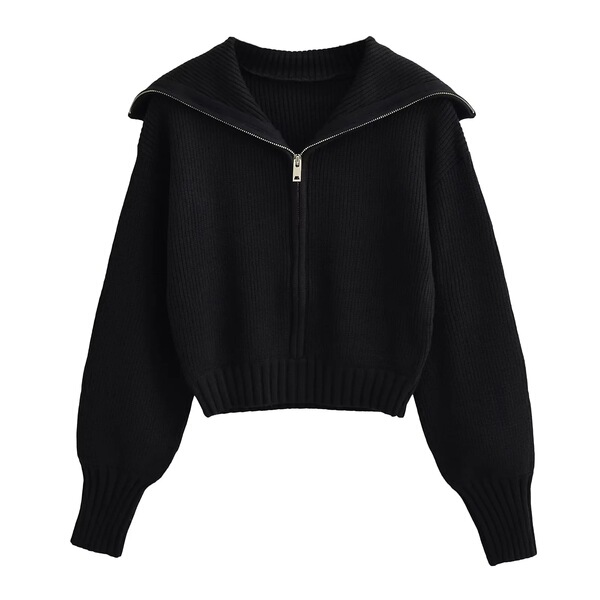 Retro solid color short knitted sweater with zipper