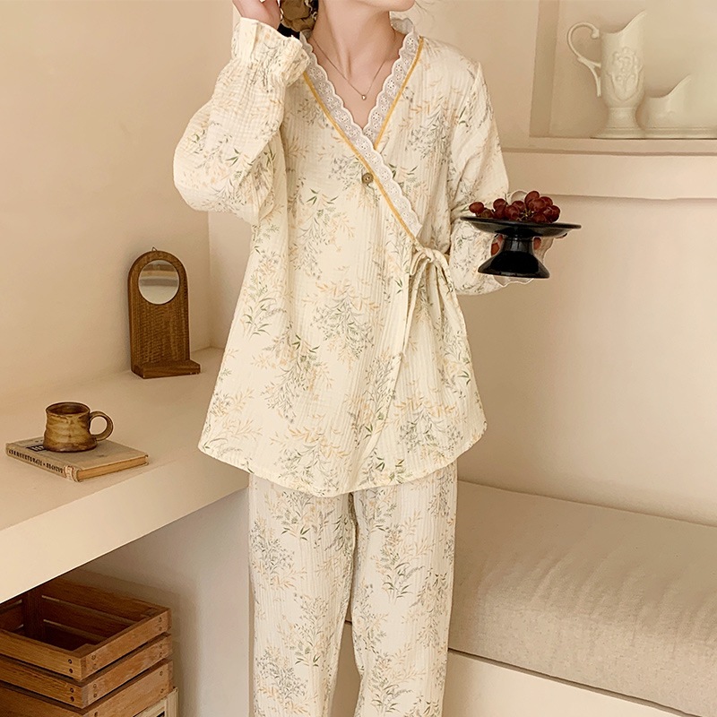 2026 Xuân Thu Phong Cách Mới Cotton Nguyên Chất Hai Lớp Gạc Bộ Đồ Ngủ Cho Mẹ Cho Con Bú Mùa Hè Homewear Sau Sinh Bộ Hai Món.
