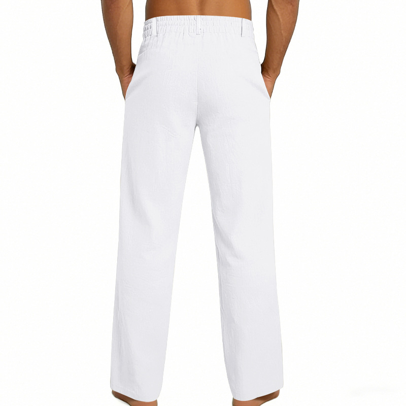 Men's Solid Color Linen Pants Simple Loose Fit High End Straight Leg Casual Midweight Polyester Long Trousers_viptrois.com