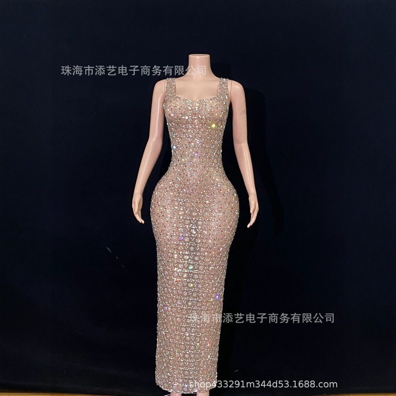 High-quality rhinestone strap long evening dress, mesh fabric, sheer, slim-fitting, bodycon, for evening parties, female singers, and banquets High-quality rhinestone strap long evening dress, mesh fabric, sheer, slim-fitting, bodycon, for evening parties, female singers, and banquets
