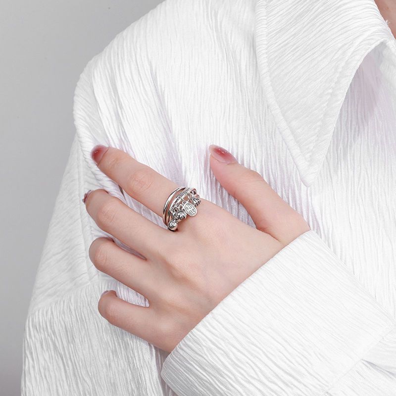 (2개) 골동품 중국 스타일 실버 머니 백 연꽃 캐노피 나푸 4 펜던트 라이브 입 색인 핑거 링 레트로 링 여성용