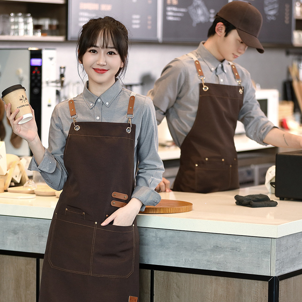 帆布围裙logo印字餐饮烘焙超市水果咖啡奶茶店专用防水工作服批发