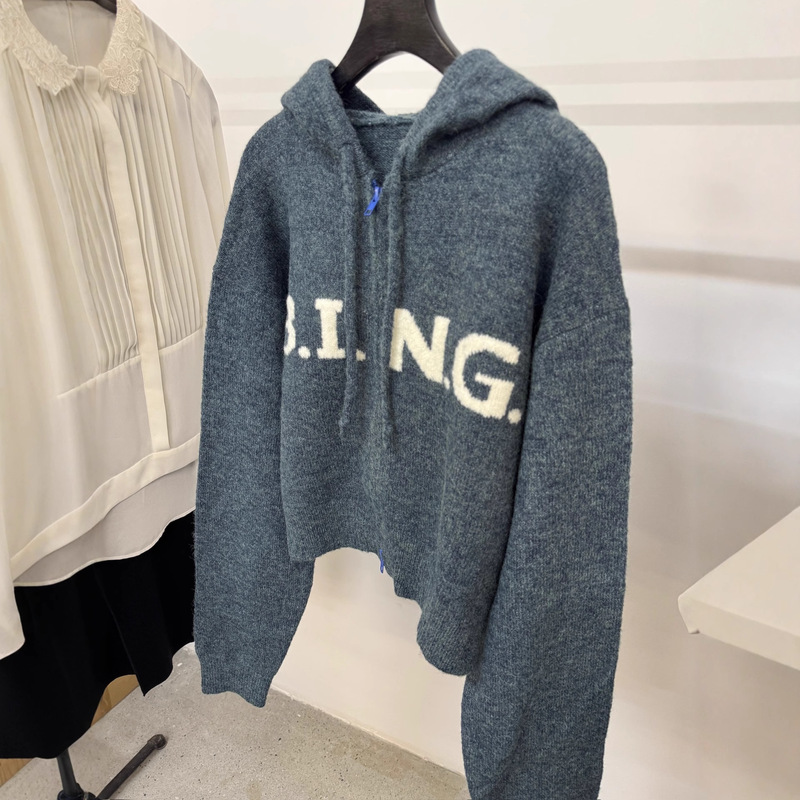 Heavyweight Thickened Alpaca Wool Color-Spun Floral Yarn Zip-Up Hooded Loose Knit Cardigan