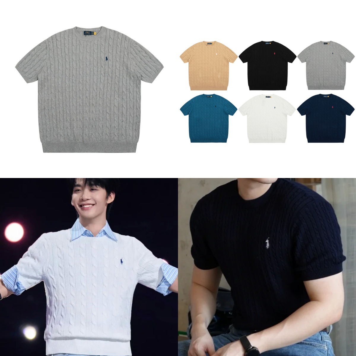 Rl Laffy Ma Logo Embroidered Cable Knit Round Neck Short Sleeve T-Shirt All-Season Men's Sweater Outerwear Base Top